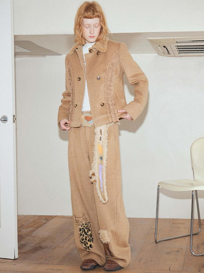 OuttheBlue Wool Blend Embroidered Pocket Straight Leg Loose Natural Waist Women Camel Pants