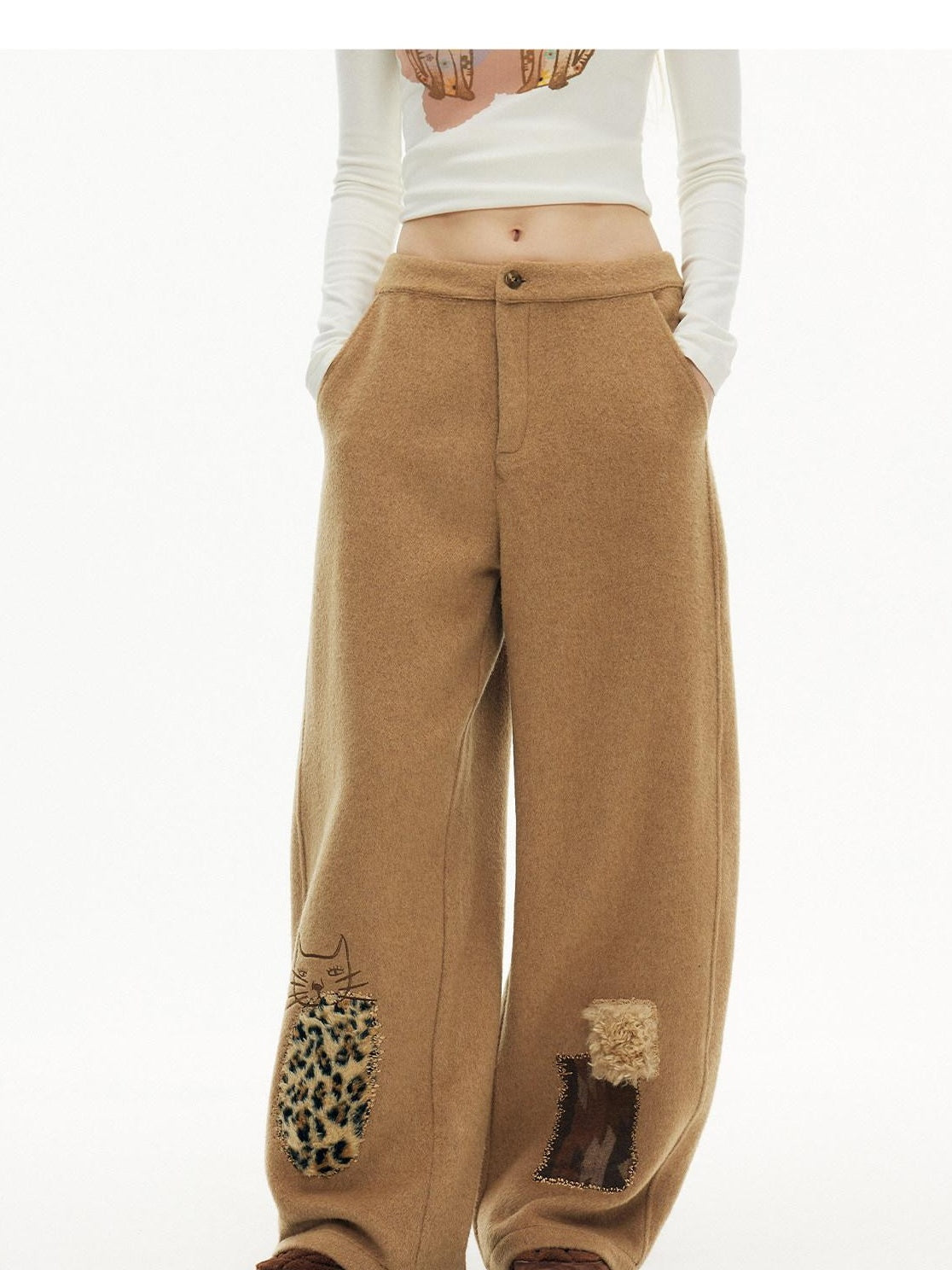 OuttheBlue Wool Blend Embroidered Pocket Straight Leg Loose Natural Waist Women Camel Pants