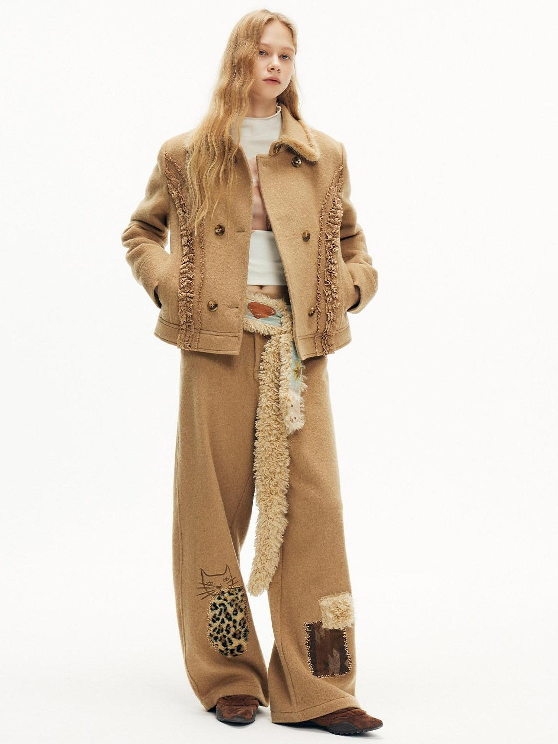 OuttheBlue Wool Blend Embroidered Pocket Straight Leg Loose Natural Waist Women Camel Pants