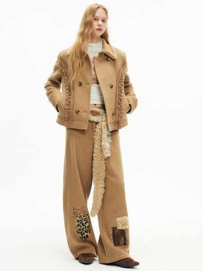 OuttheBlue Wool Blend Embroidered Pocket Straight Leg Loose Natural Waist Women Camel Pants