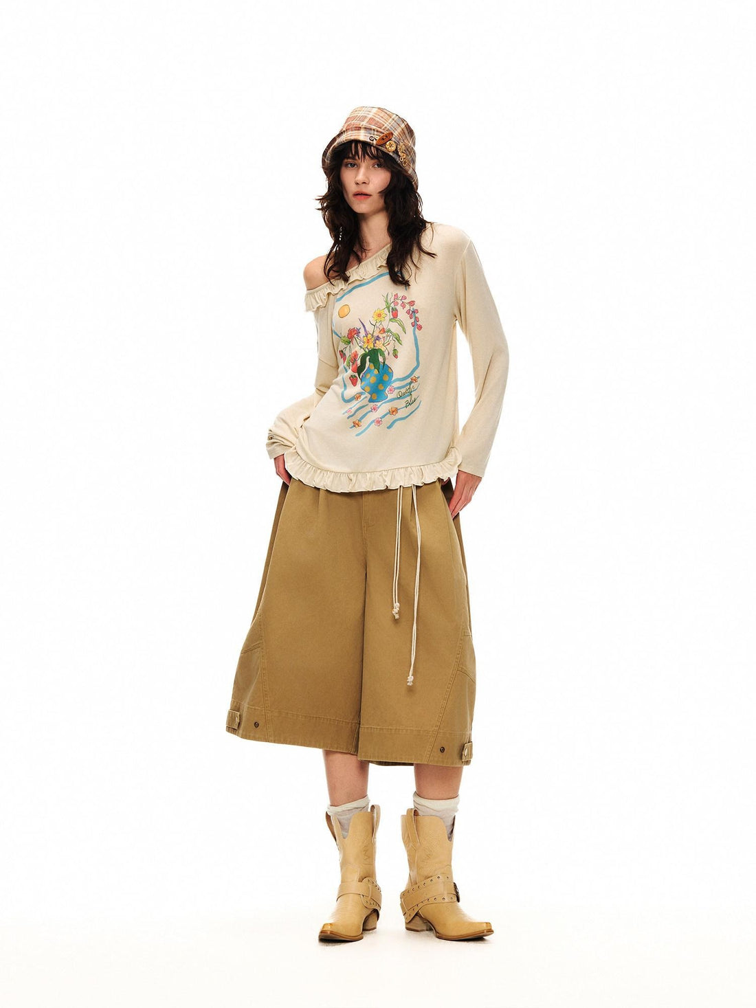 OuttheBlue Wool Blend Lace Casual Loose Fit Oatmeal Floral Round Neck Long Sleeve T-Shirts