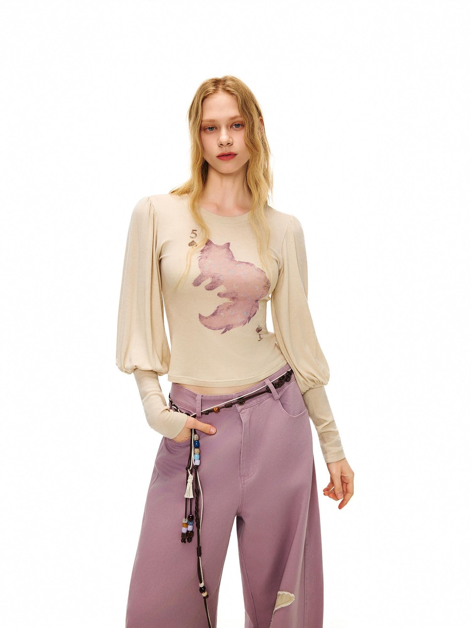 OuttheBlue Wool Retro Slim Puff Sleeve Crop Crew Women Animal Oatmeal Long Sleeve T-Shirts