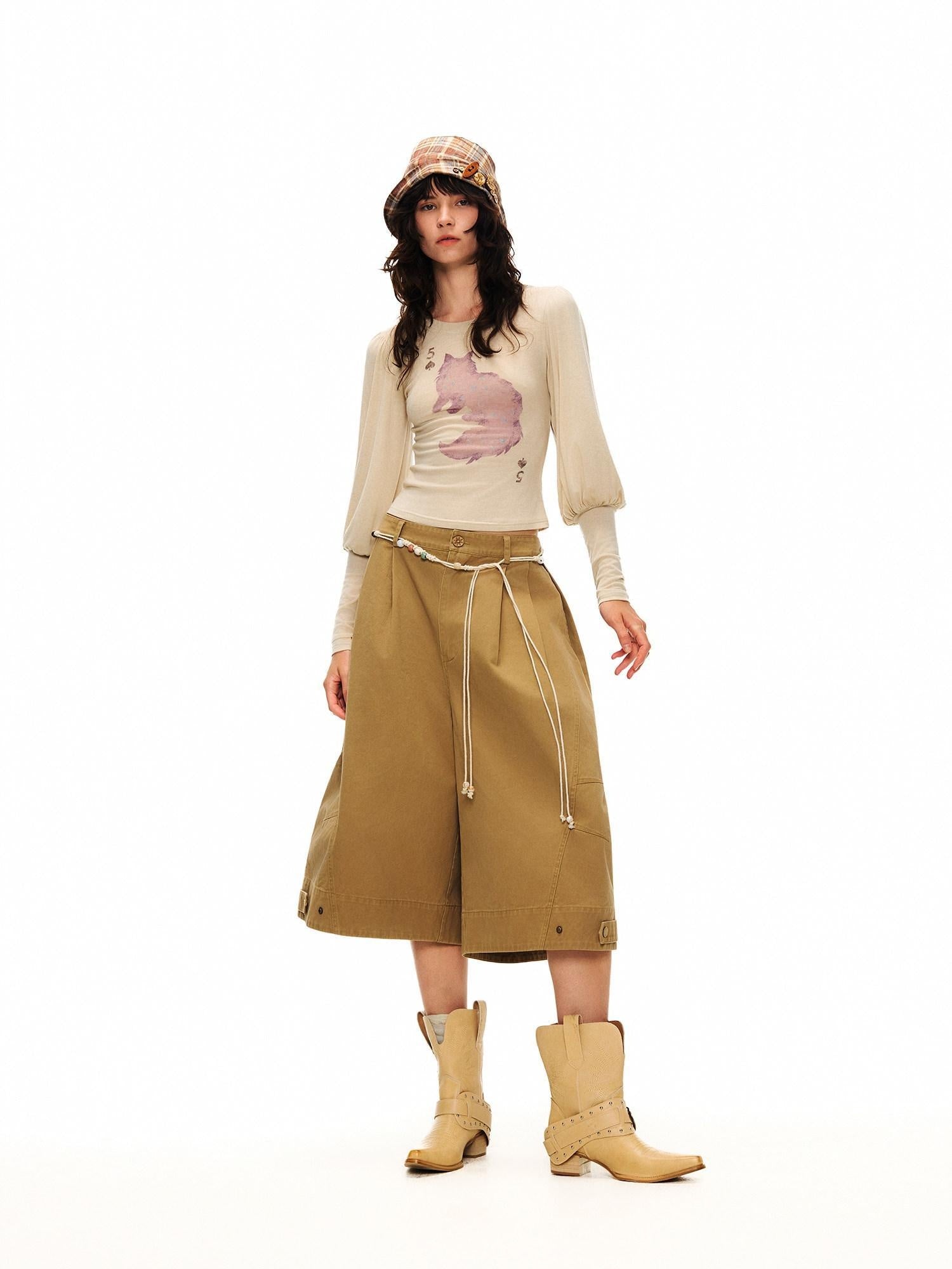 OuttheBlue Wool Retro Slim Puff Sleeve Crop Crew Women Animal Oatmeal Long Sleeve T-Shirts