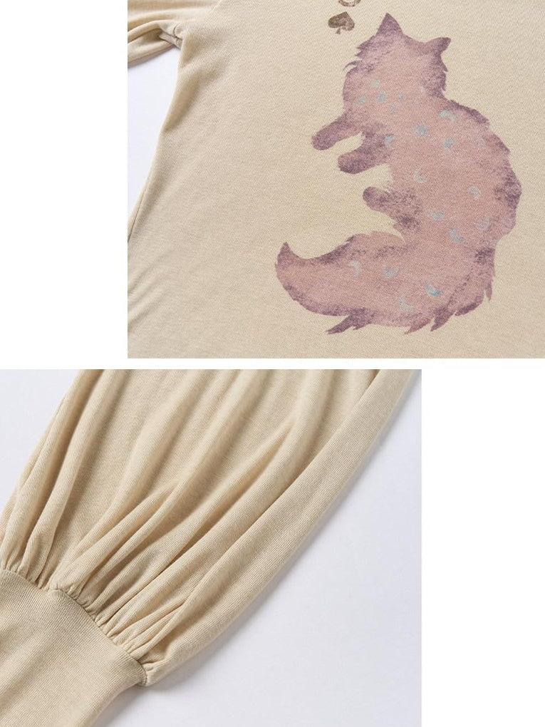 OuttheBlue Wool Retro Slim Puff Sleeve Crop Crew Women Animal Oatmeal Long Sleeve T-Shirts