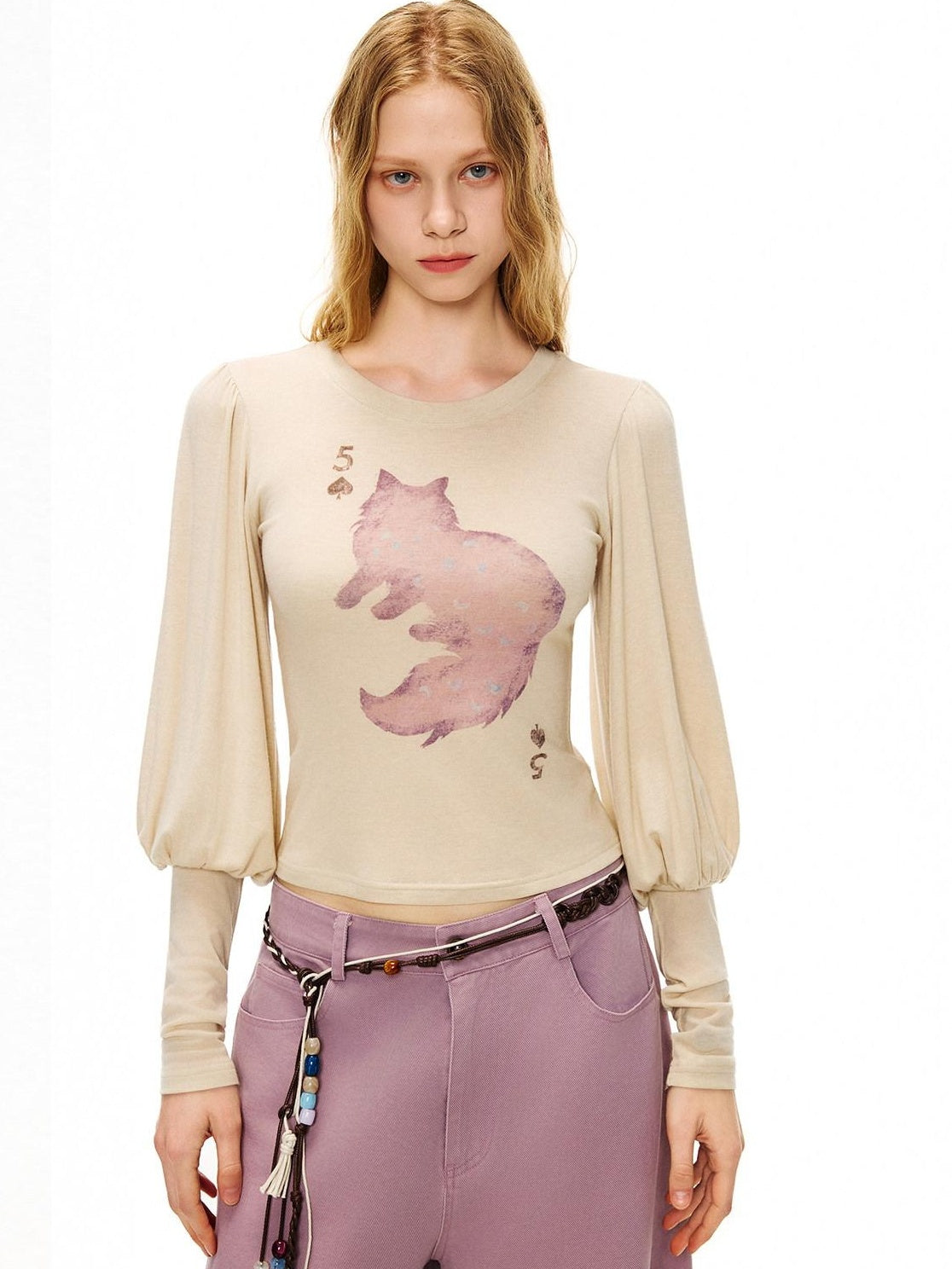 OuttheBlue Wool Retro Slim Puff Sleeve Crop Crew Women Animal Oatmeal Long Sleeve T-Shirts