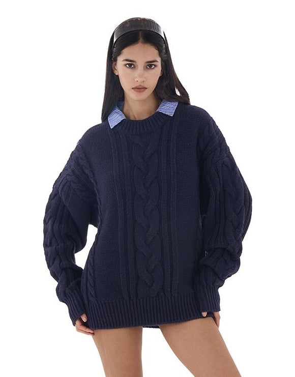 Oversize Cable KniT-shirt Collar Sweater with Detachable Stripes