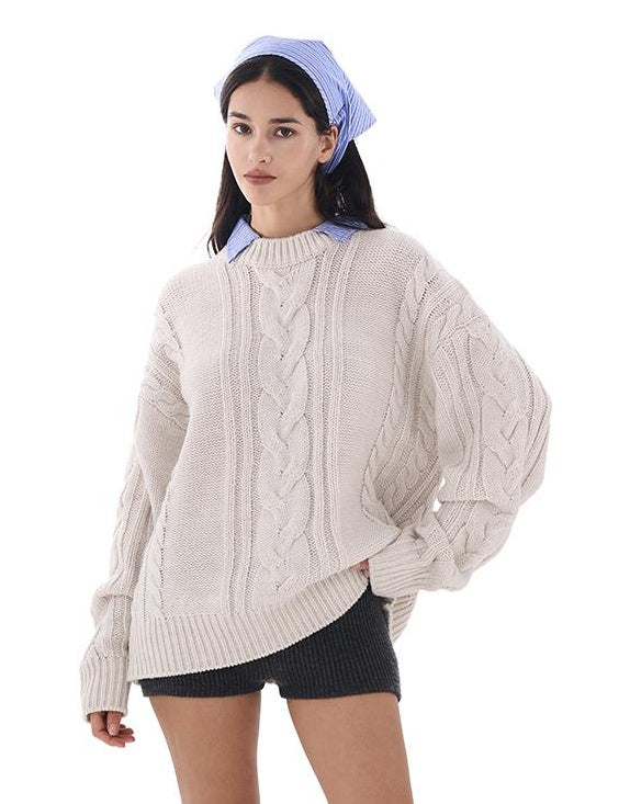 Oversize Cable KniT-shirt Collar Sweater with Detachable Stripes