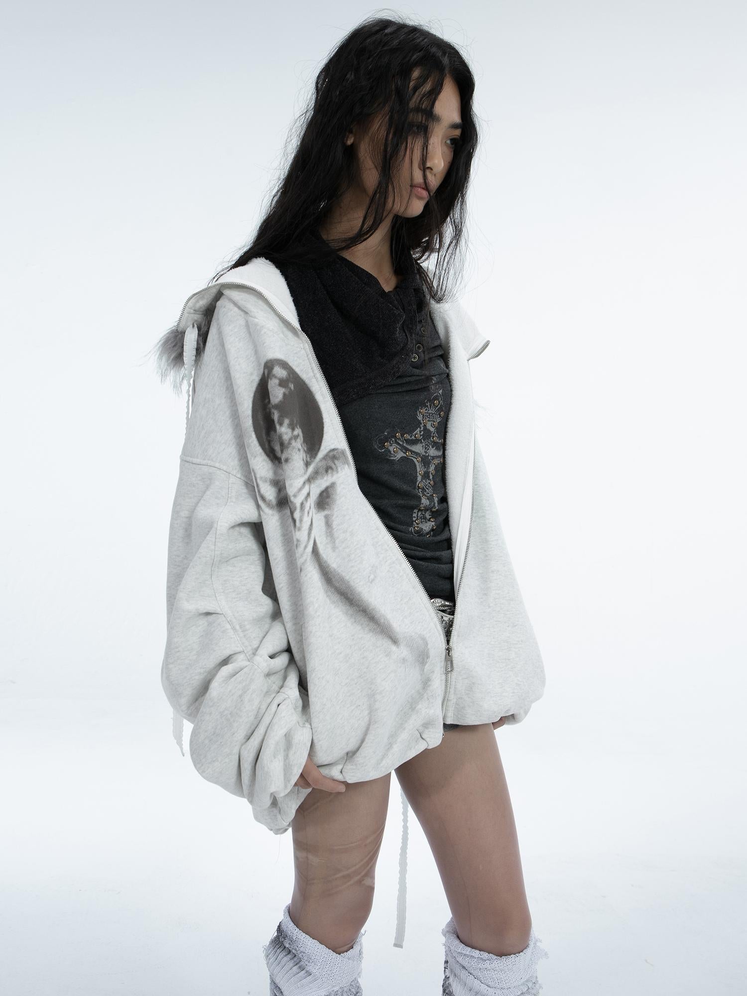 Oversize Fleece Jacket with Faux Fur Hood  Print