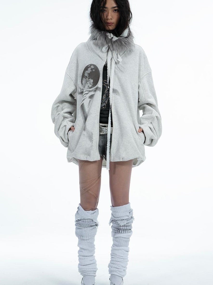 Oversize Fleece Jacket with Faux Fur Hood  Print
