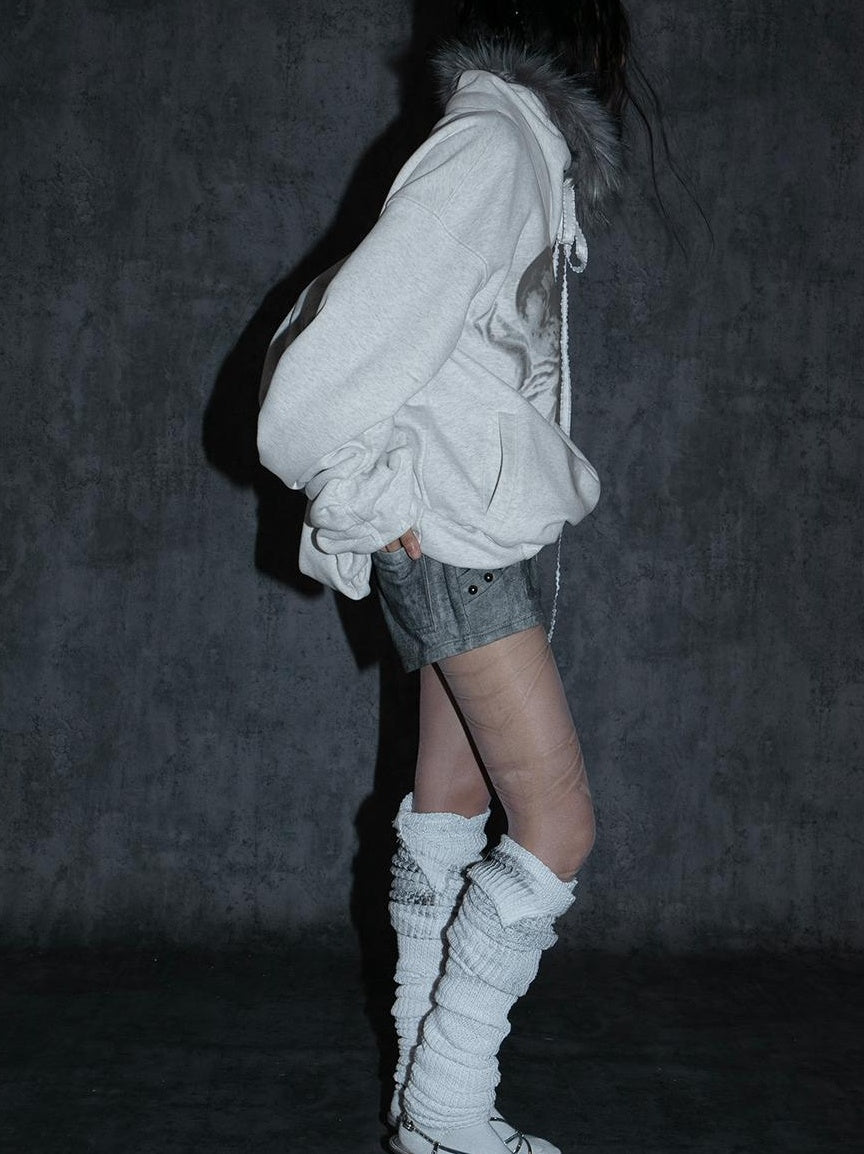 Oversize Fleece Jacket with Faux Fur Hood  Print