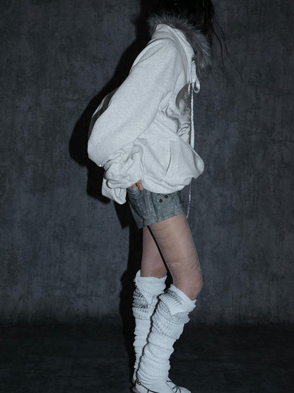 Oversize Fleece Jacket with Faux Fur Hood  Print