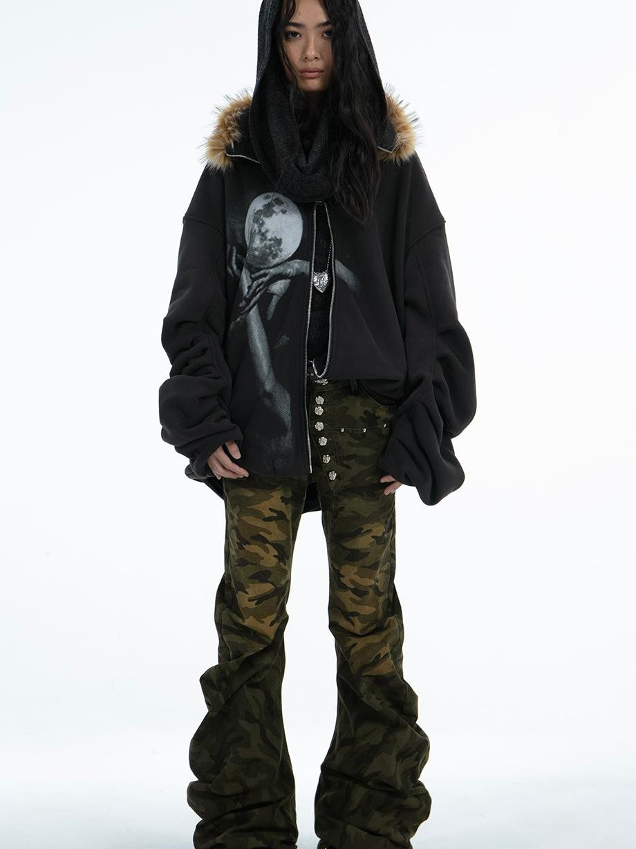Oversize Fleece Jacket with Faux Fur Hood  Print