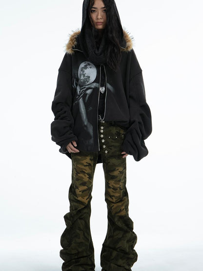 Oversize Fleece Jacket with Faux Fur Hood  Print
