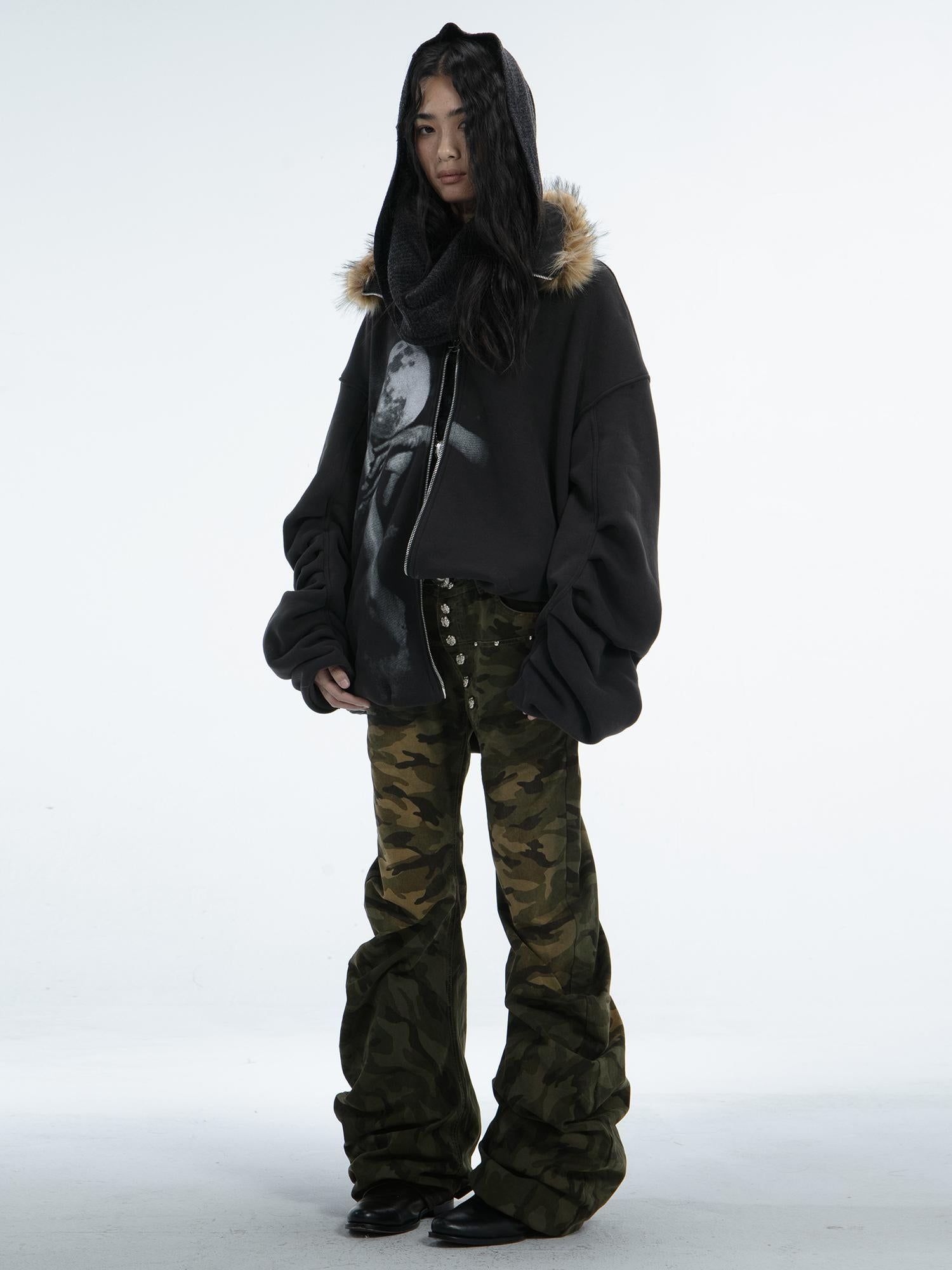 Oversize Fleece Jacket with Faux Fur Hood  Print
