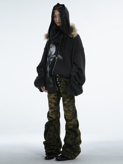 Oversize Fleece Jacket with Faux Fur Hood  Print