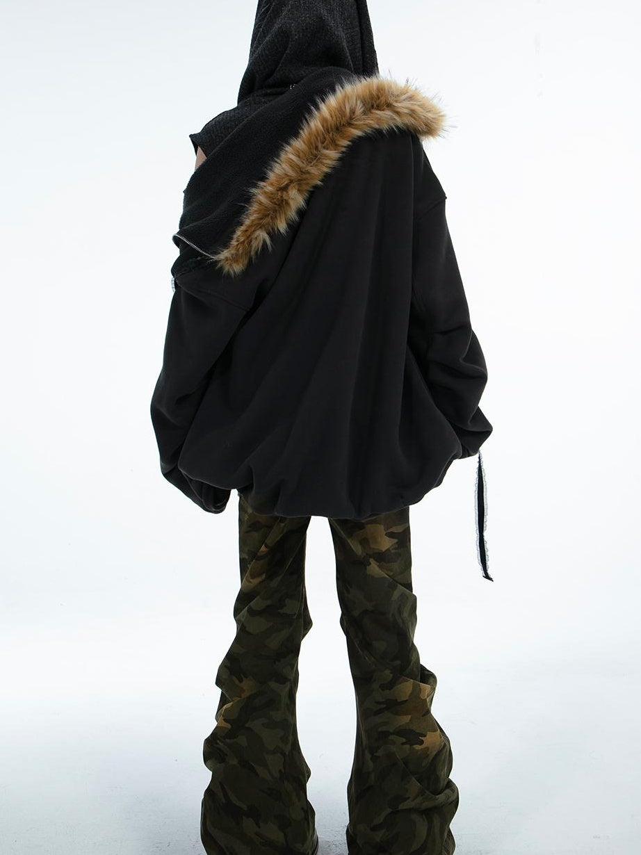 Oversize Fleece Jacket with Faux Fur Hood  Print