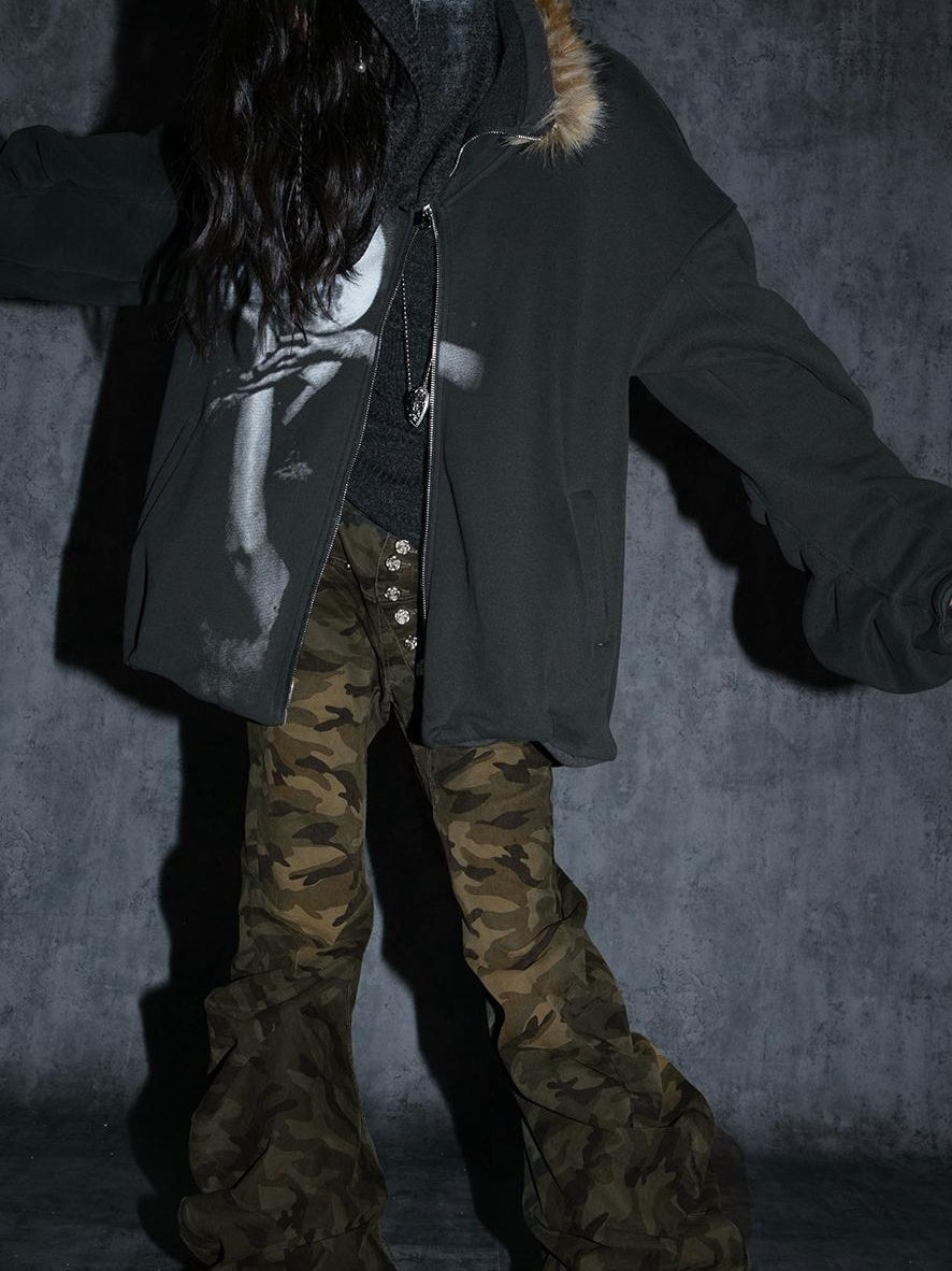 Oversize Fleece Jacket with Faux Fur Hood  Print