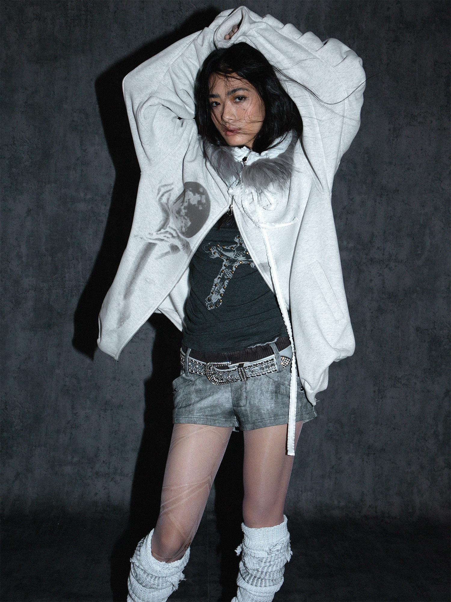 Oversize Fleece Jacket with Faux Fur Hood  Print