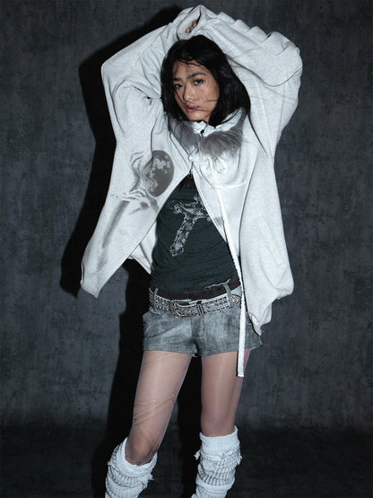 Oversize Fleece Jacket with Faux Fur Hood  Print
