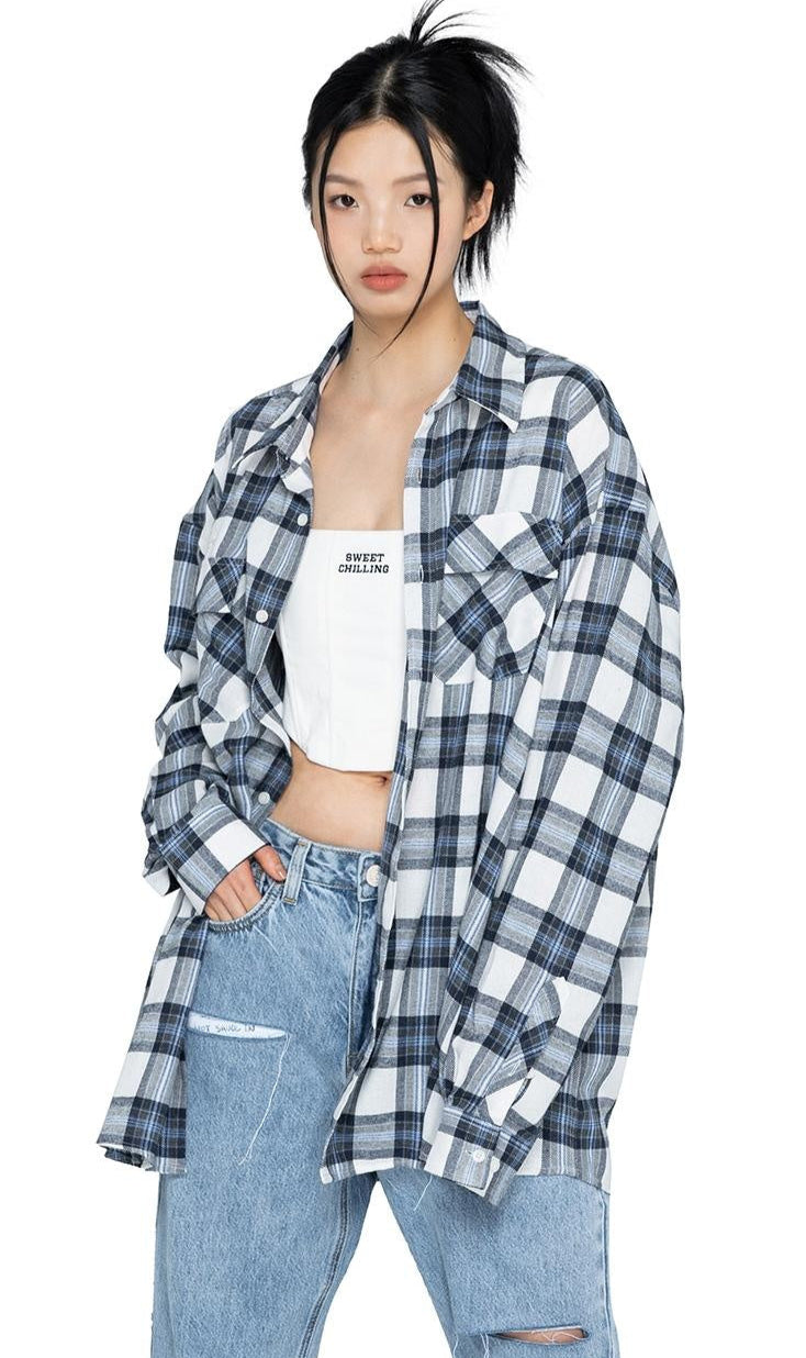 Oversize Plaid Shirt  Retro Unisex Long Sleeve for Women
