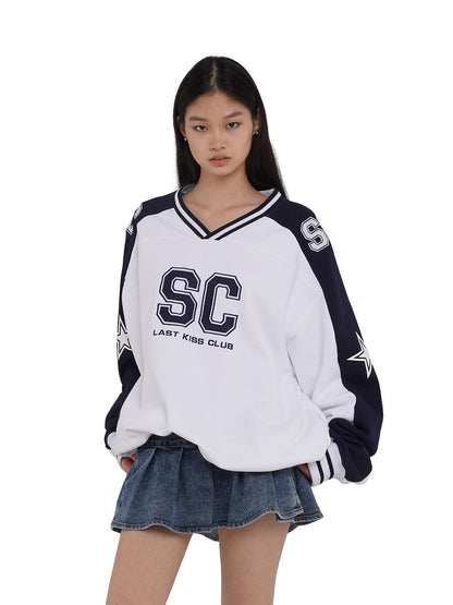 SweetChilling Oversize Rugby Embroidered Print Fleece Hoodie