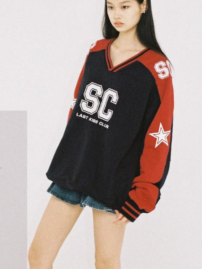SweetChilling Oversize Rugby Embroidered Print Fleece Hoodie