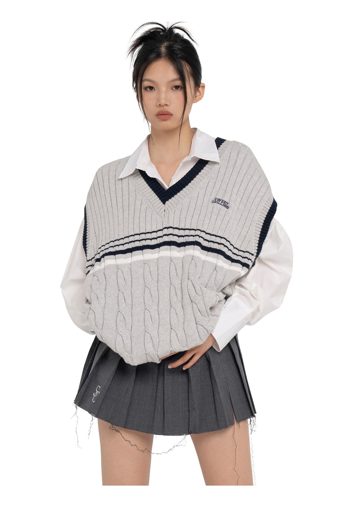 Oversized American College Style Knit Vest Set for Women