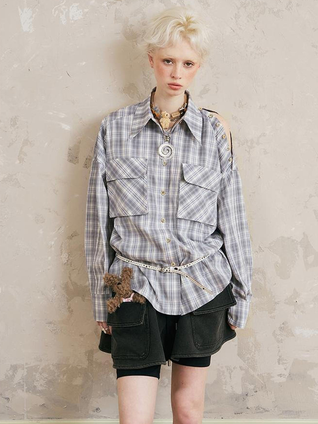 DIDDI MODA Oversized Checkered Off Shoulder Shirt With Layered Pockets