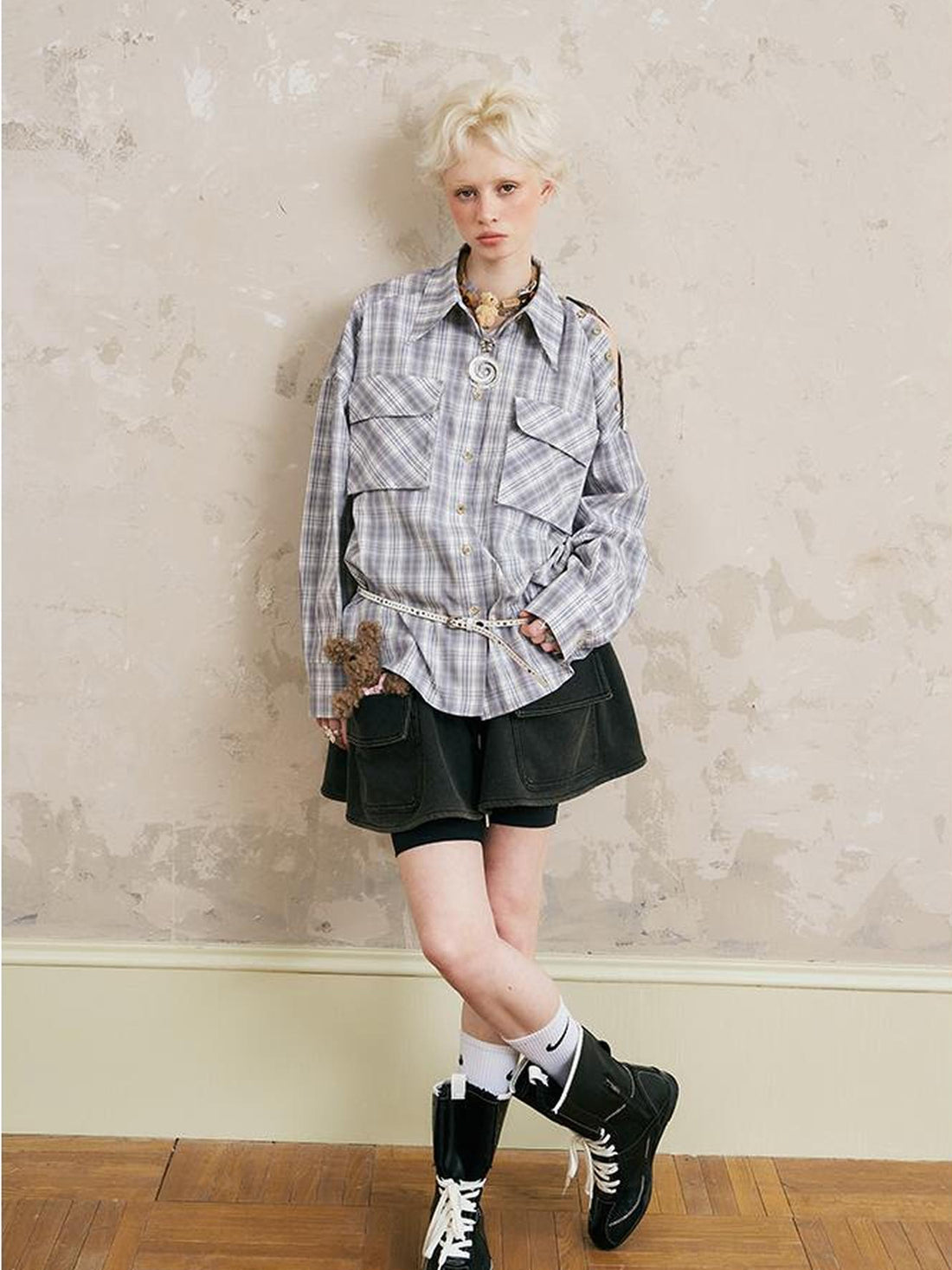 DIDDI MODA Oversized Checkered Off Shoulder Shirt With Layered Pockets
