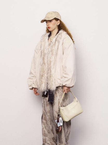 DIDDI MODA Oversized Embroidered Sun Puffer Jacket With Faux Fur Trim