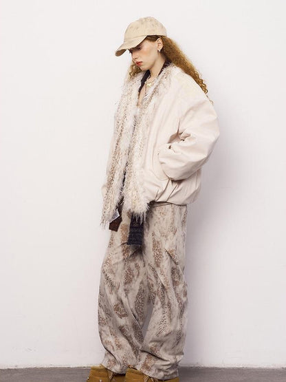 DIDDI MODA Oversized Embroidered Sun Puffer Jacket With Faux Fur Trim
