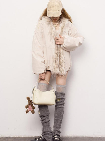 DIDDI MODA Oversized Embroidered Sun Puffer Jacket With Faux Fur Trim