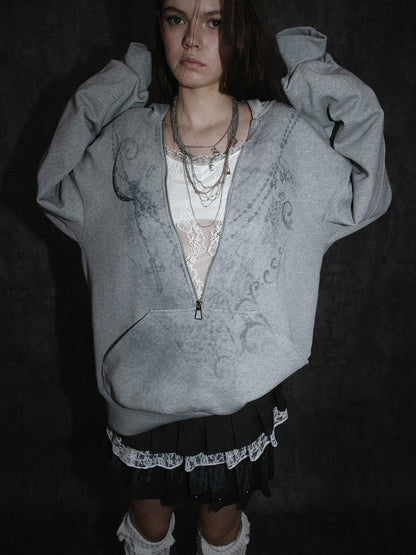Oversized Hooded Zip-up Batwing Sweatshirt with Lace Detail