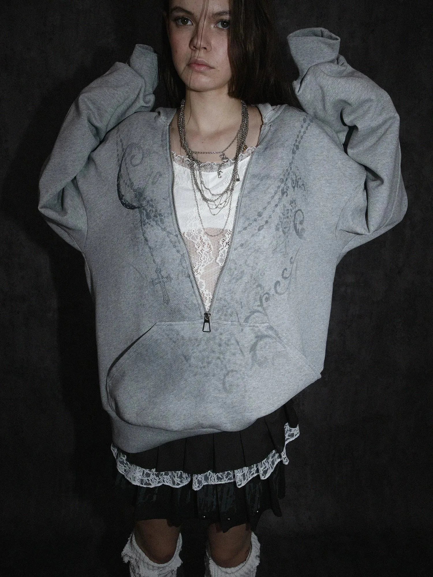 Oversized Hooded Zip-Up Batwing Sweatshirt With Lace Detail