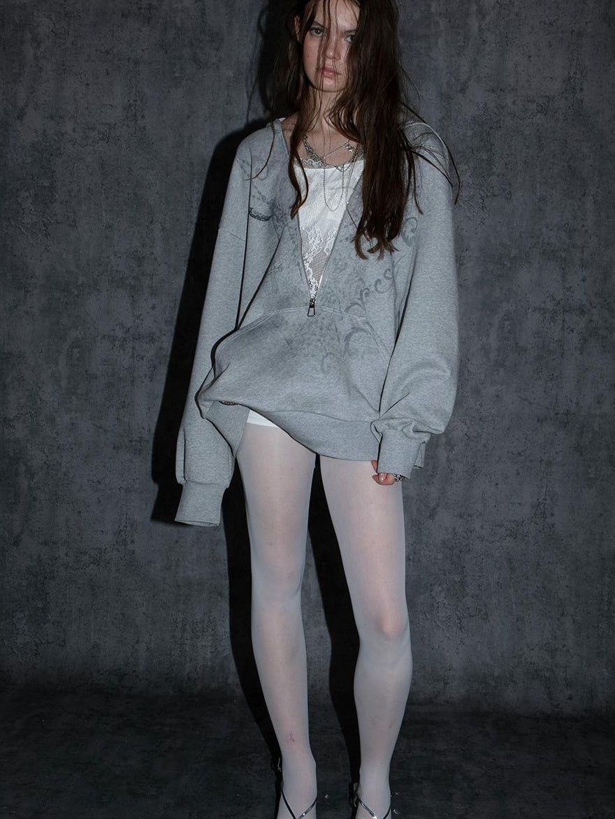 Oversized Hooded Zip-up Batwing Sweatshirt with Lace Detail