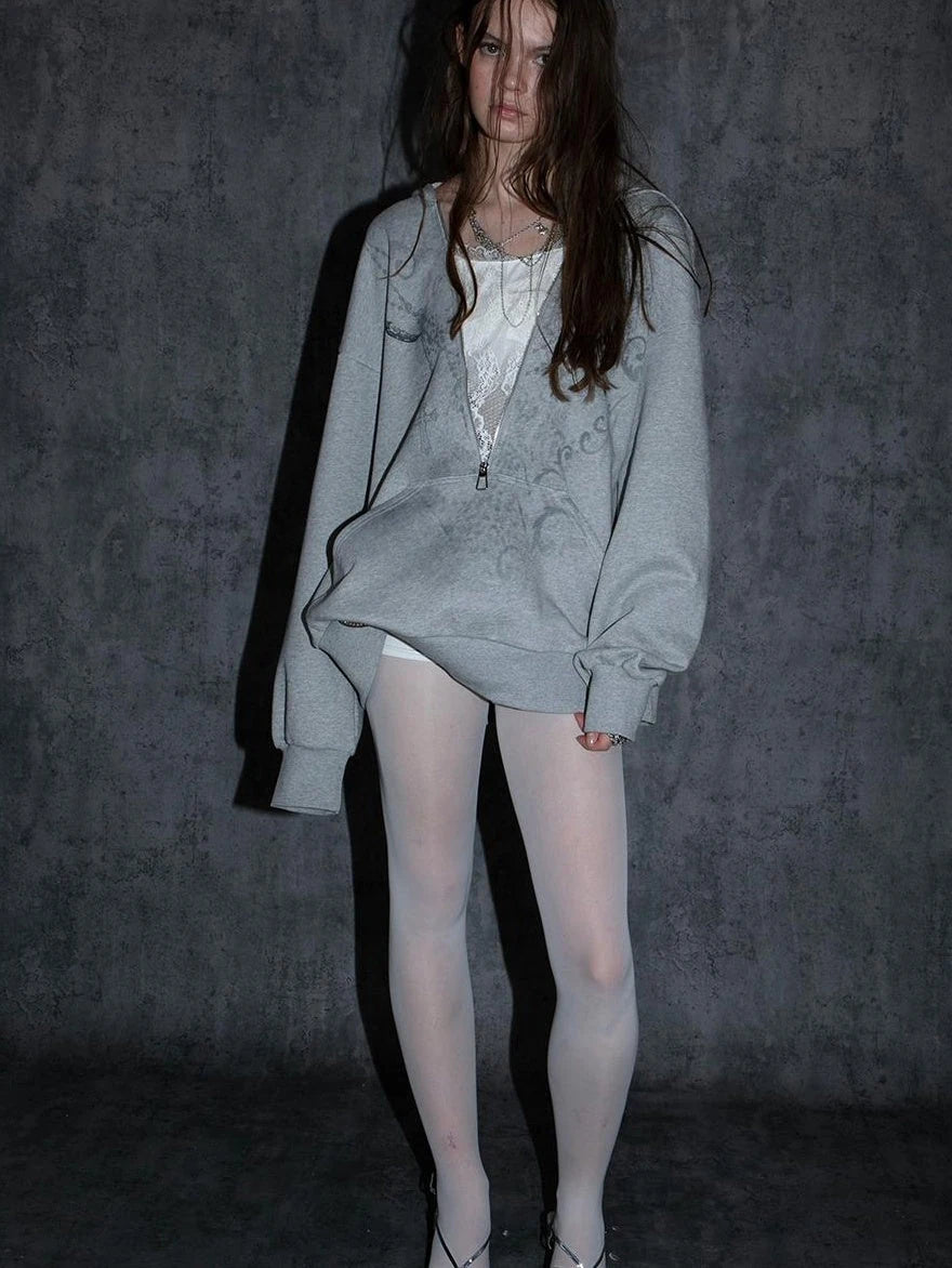 Oversized Hooded Zip-Up Batwing Sweatshirt With Lace Detail