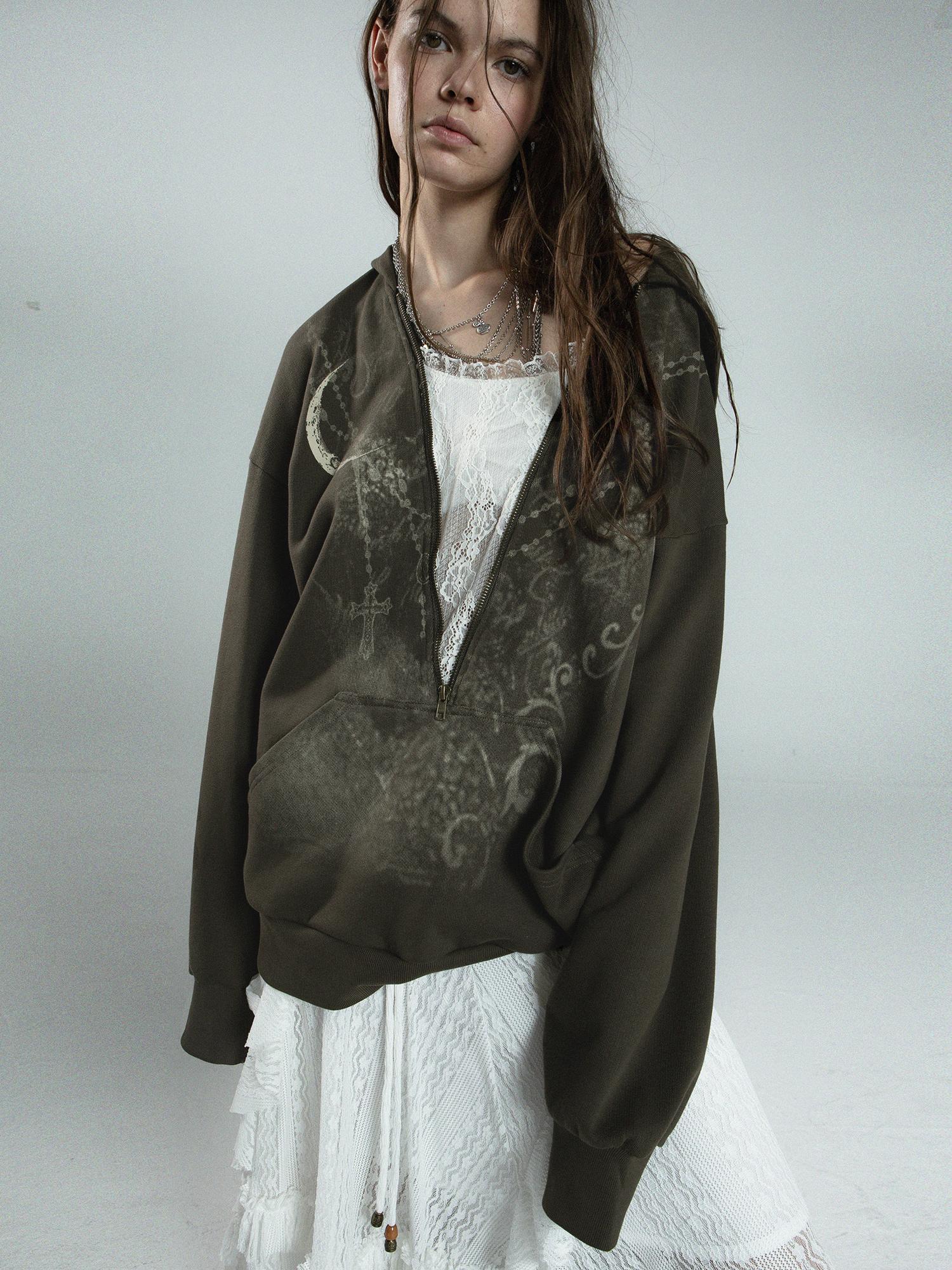 Oversized Hooded Zip-up Batwing Sweatshirt with Lace Detail