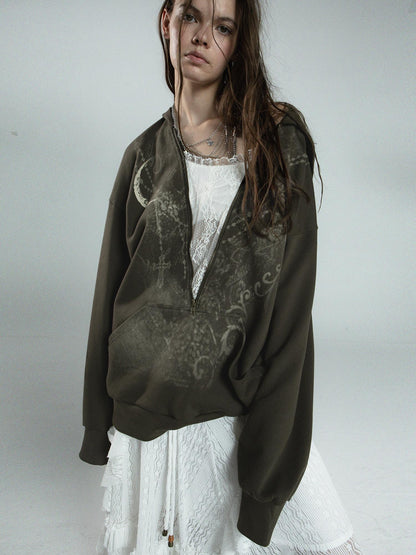 Oversized Hooded Zip-up Batwing Sweatshirt with Lace Detail