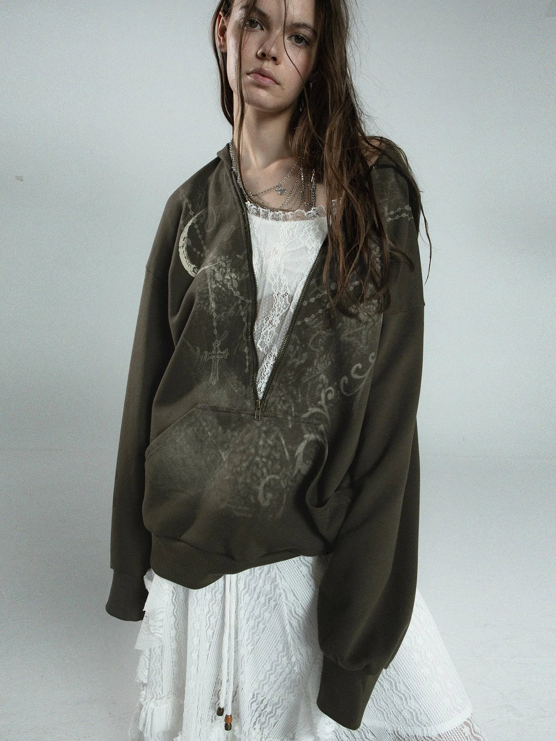 Oversized Hooded Zip-Up Batwing Sweatshirt With Lace Detail