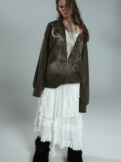 Oversized Hooded Zip-up Batwing Sweatshirt with Lace Detail