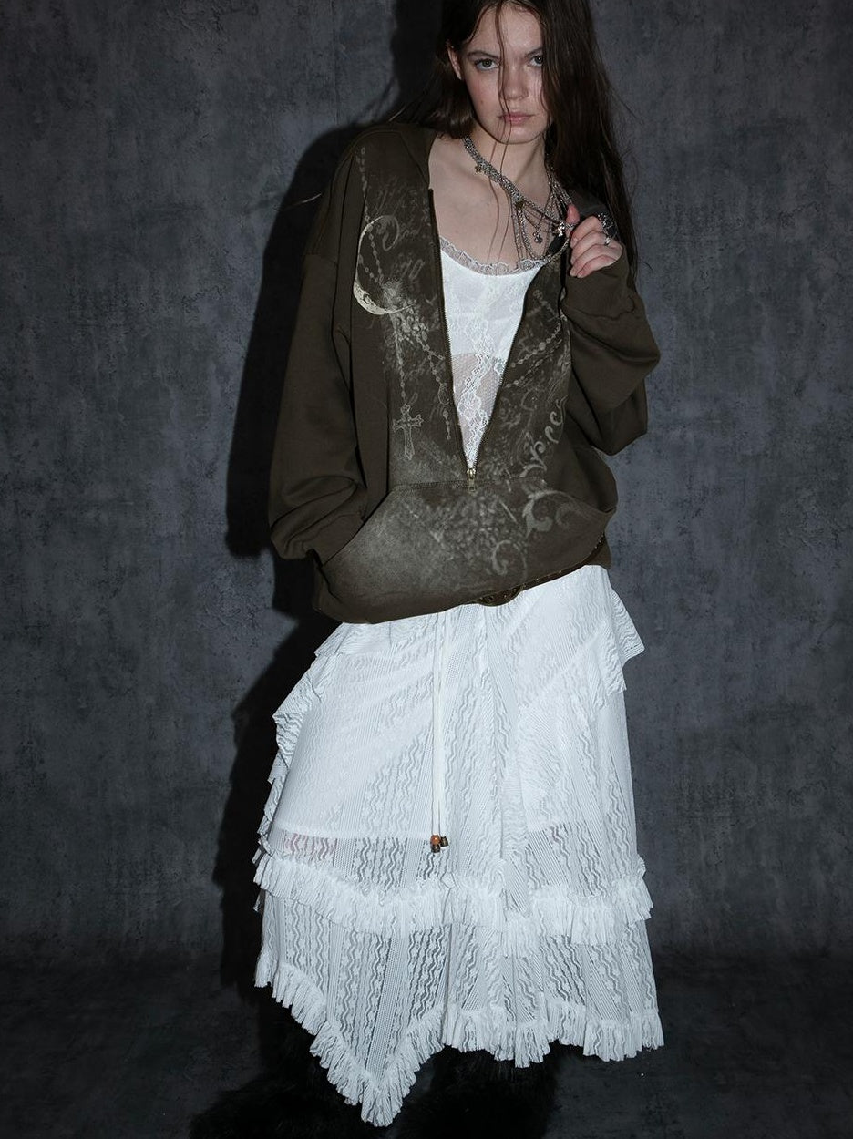 Oversized Hooded Zip-up Batwing Sweatshirt with Lace Detail