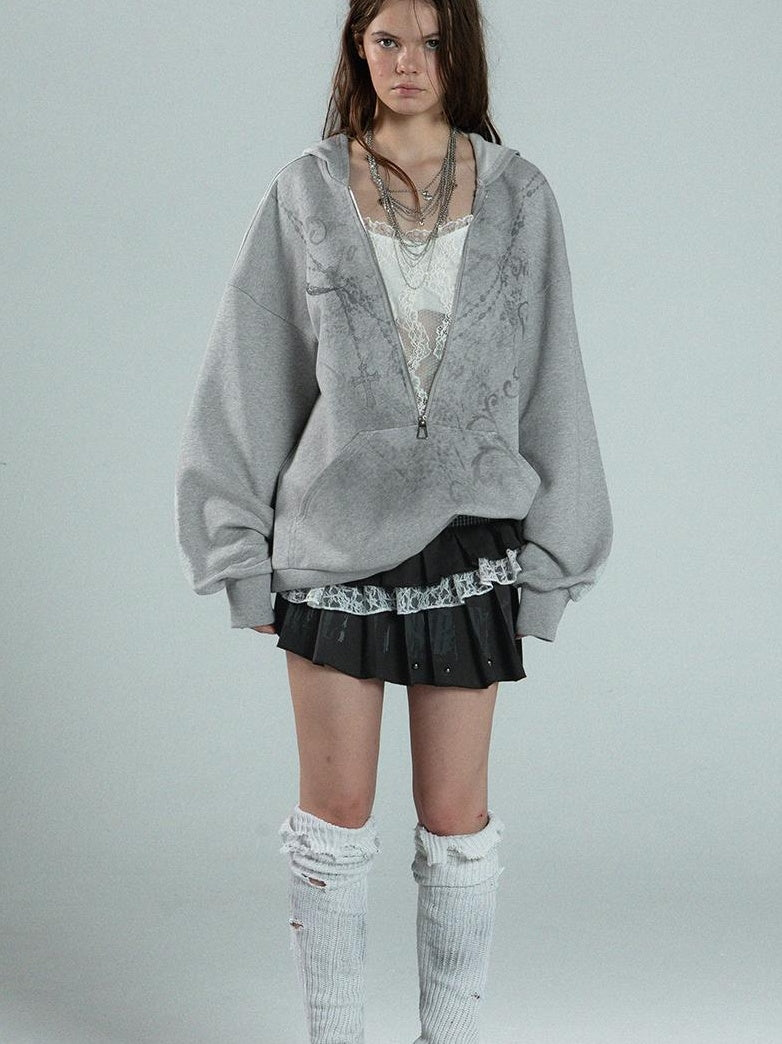 Oversized Hooded Zip-up Batwing Sweatshirt with Lace Detail