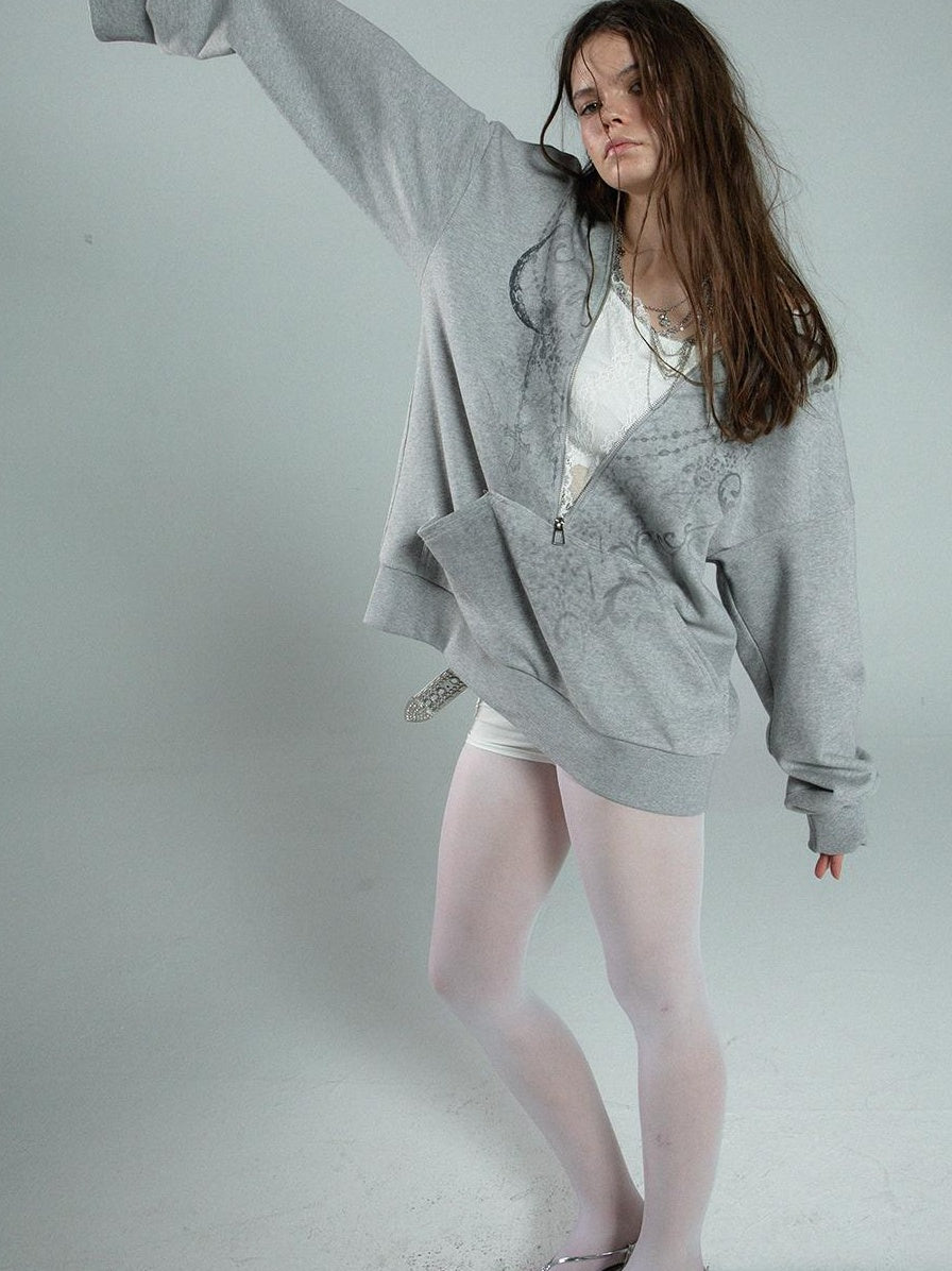Oversized Hooded Zip-up Batwing Sweatshirt with Lace Detail