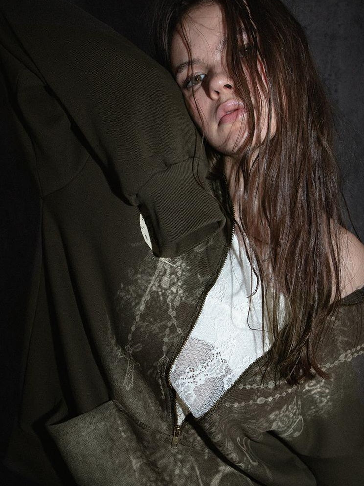 Oversized Hooded Zip-up Batwing Sweatshirt with Lace Detail