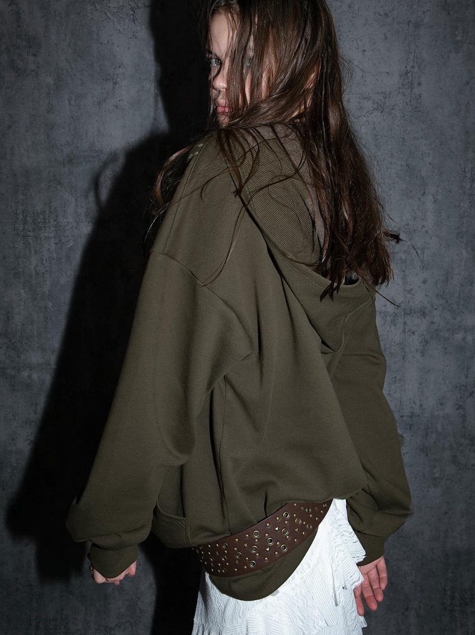 Oversized Hooded Zip-up Batwing Sweatshirt with Lace Detail