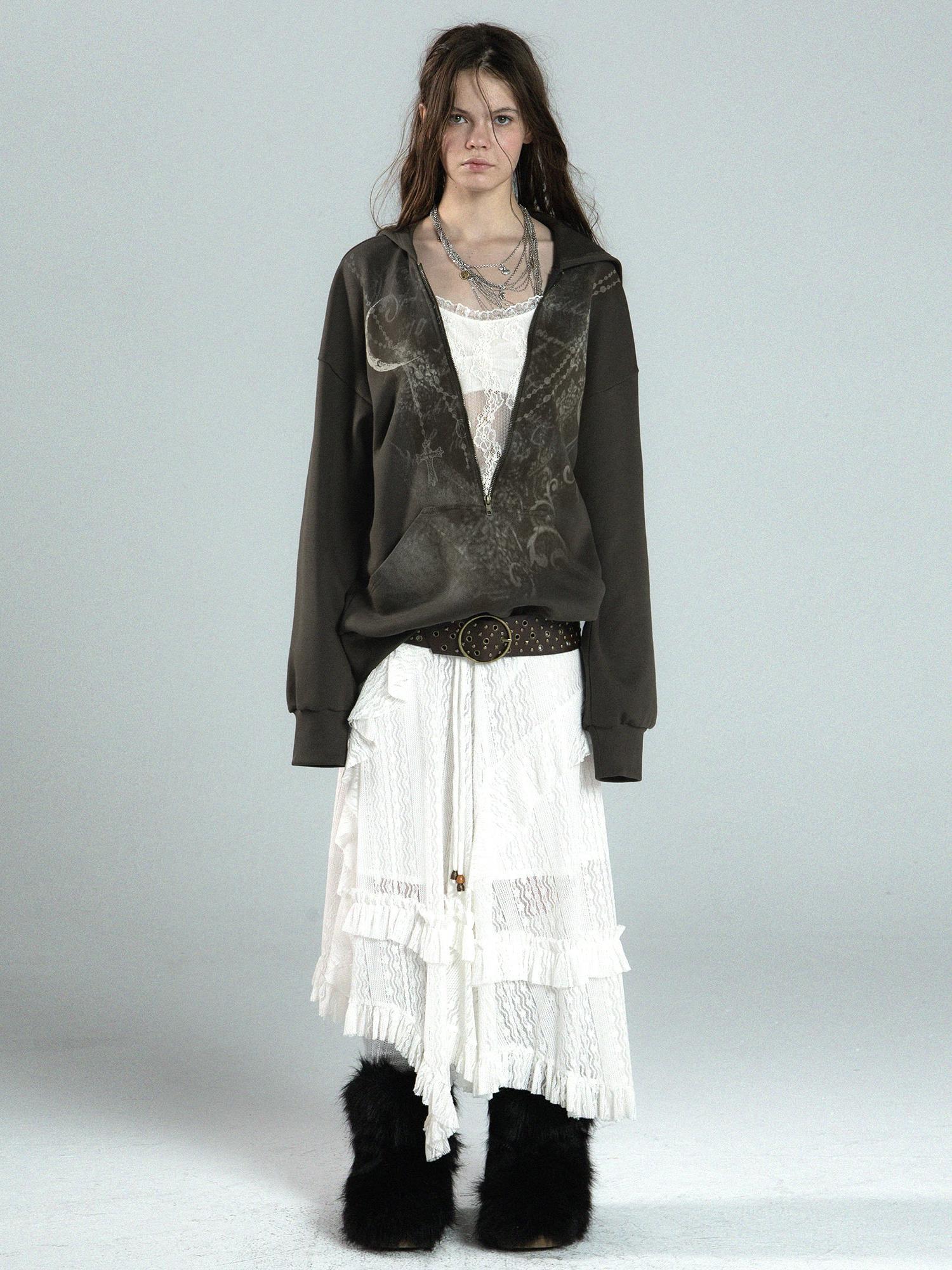 Oversized Hooded Zip-up Batwing Sweatshirt with Lace Detail