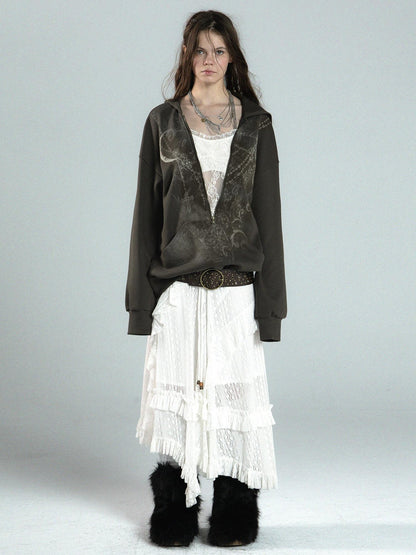 Oversized Hooded Zip-up Batwing Sweatshirt with Lace Detail