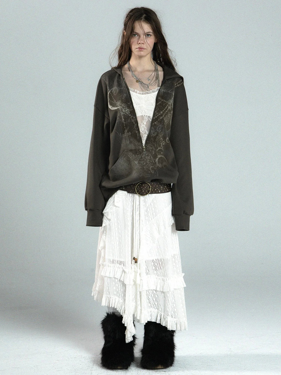 Oversized Hooded Zip-Up Batwing Sweatshirt With Lace Detail