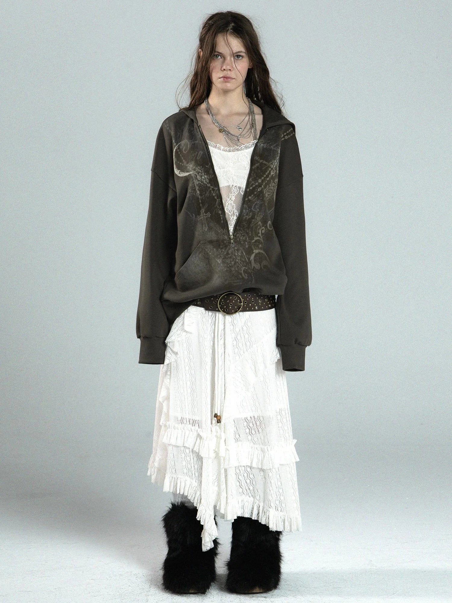 Oversized Hooded Zip-Up Batwing Sweatshirt With Lace Detail