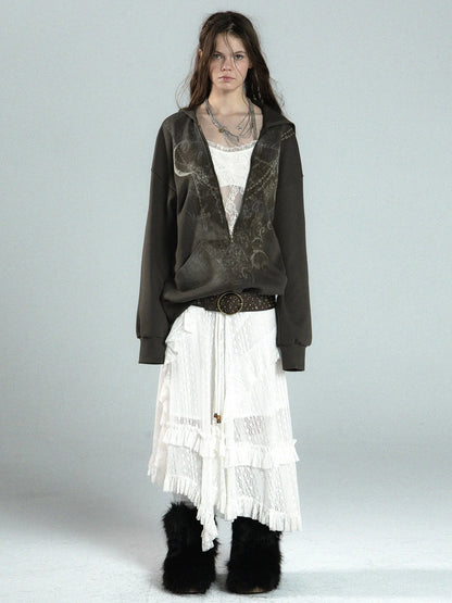 Oversized Hooded Zip-Up Batwing Sweatshirt With Lace Detail